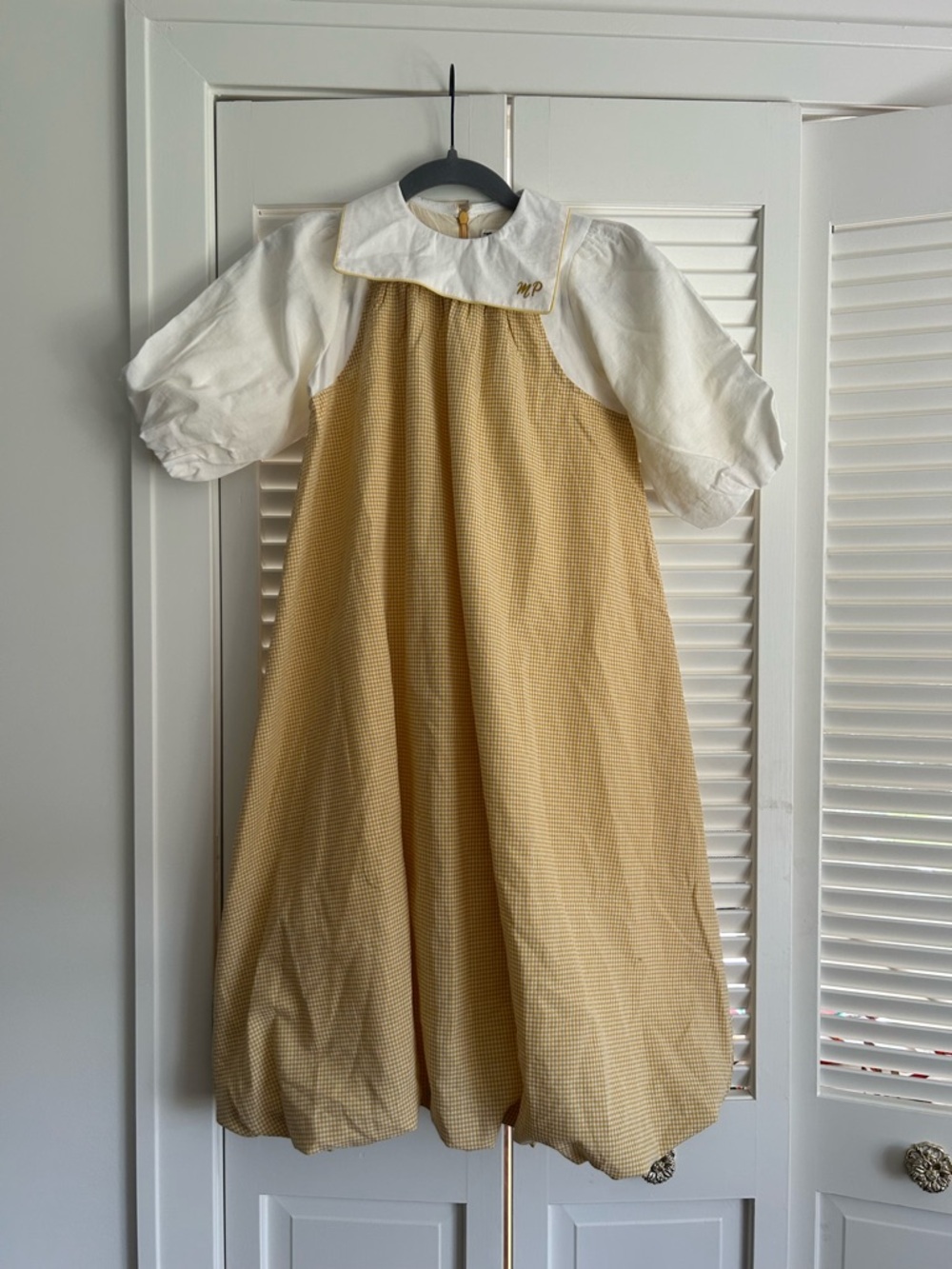 NWT MiniP Gingham Maxi Jumper Dress Yellow Puff Sleeve Sailor Collar Runs Big 6